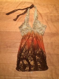Women's tan, cream, orange & brown tie dye shimmer halter top -small