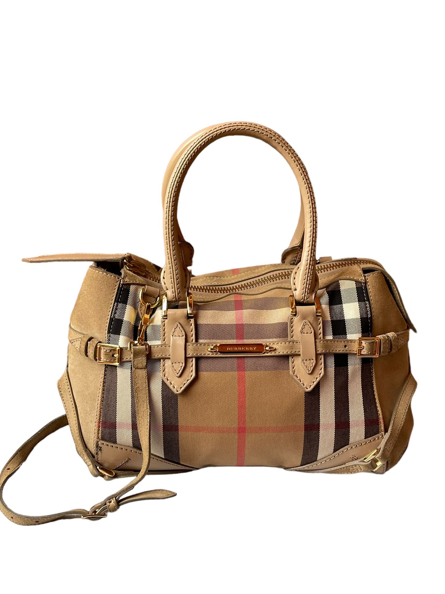 BURBERRY House Check Suede-Trimmed Handle Bag