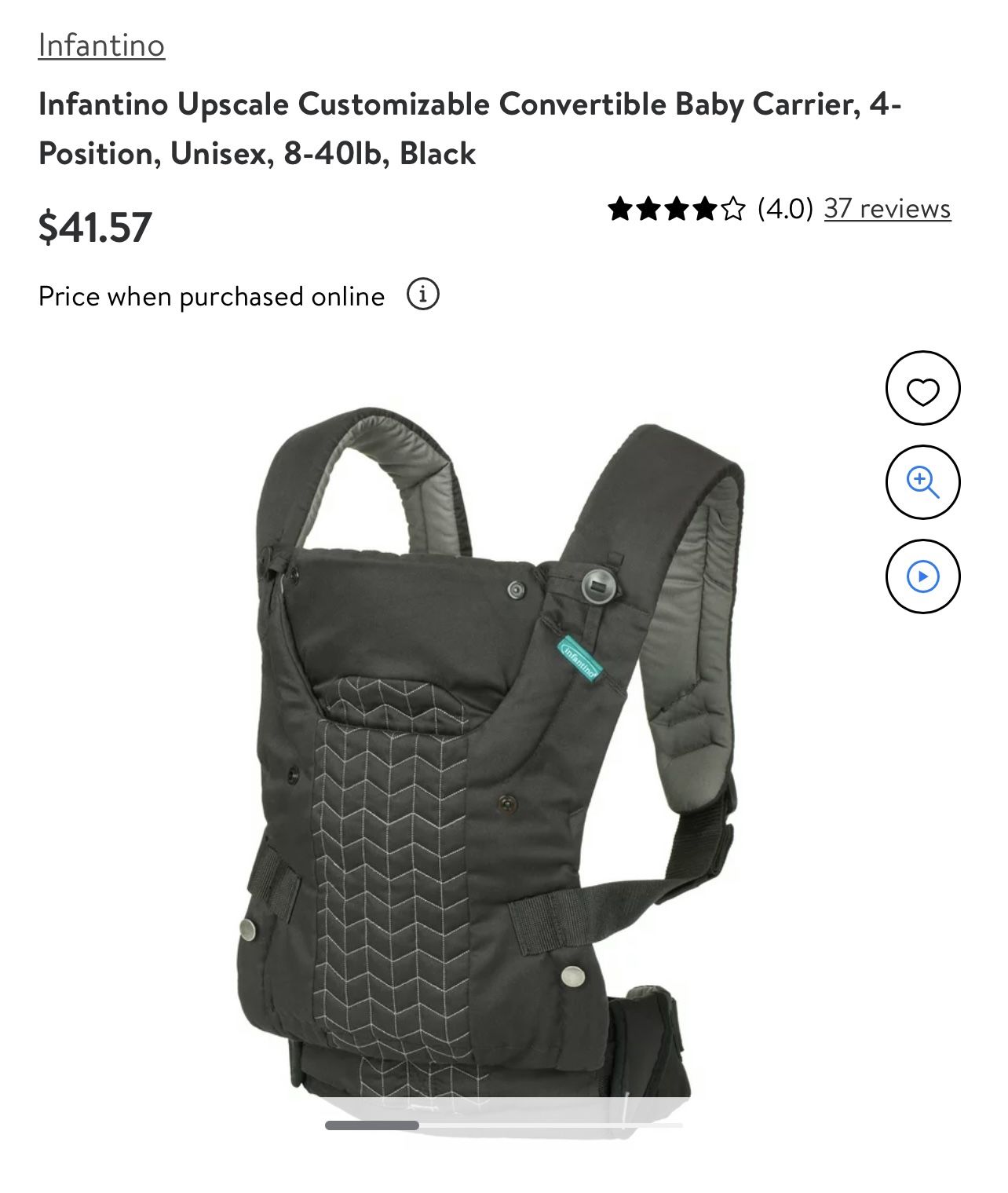 Infantino Upscale Customizable Convertible Baby Carrier, 4-Position, Unisex, 8-40lb, Black
