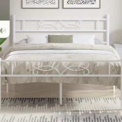 Queen Size White Metal Bed with Headboard & Mattress