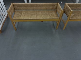 Natural Wood Rush Seat Bench with Matching Chair