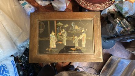 Old Asian/Chinese carved wood, applied stone table