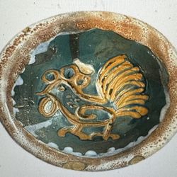 Handpainted Turquoise Green & Brown Drip Glaze Rooster Design Bowl Ashtray 4.25"