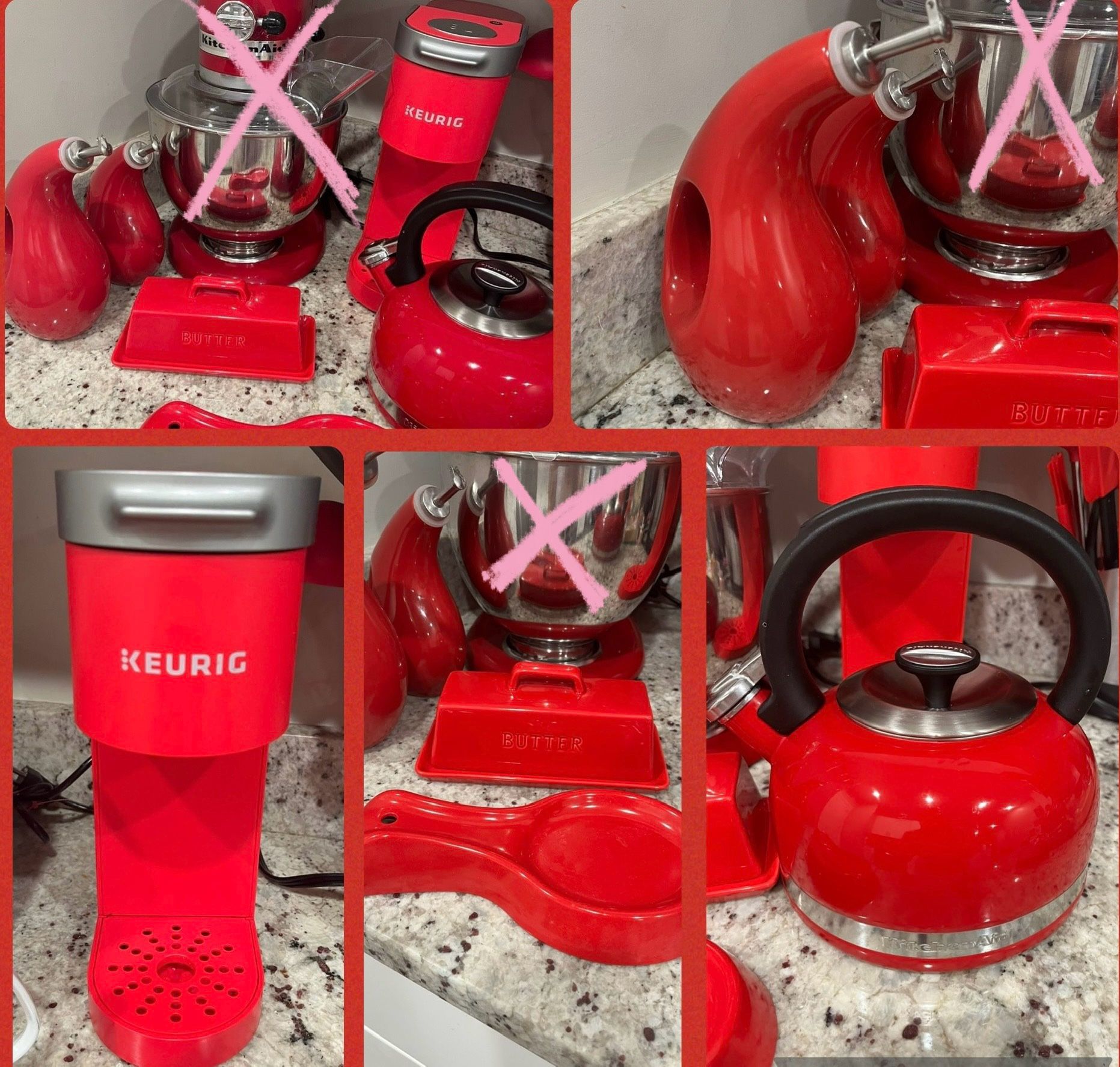 Kitchen Aid Tea Kettle, Keurig Mini, Rachael Ray Oil/Vinegar Stoneware Bottles, Ceramic Butter Dish