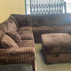 New Brown Corduroy Sectional Couch With Ottoman / Free Delivery 