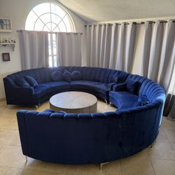 2 Royal Blue Suede Round Couches And Coffee Table 