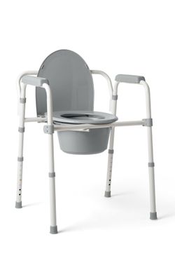Medline 3-in-1 Steel Bedside Commode, Standard Seat, Sturdy Folding Frame, 7.5 QT. Bucket, 350 lb. Weight Capacity, Clip-on Seat, Easy Cleaning, Tool-