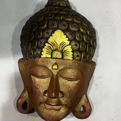 16” tall VINTAGE Wooden Carved Buddha head statue 