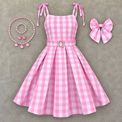Girls Toddler XS Pink Gingham Plaid Dress Belt Hair Bow Jewelry Outfit Set