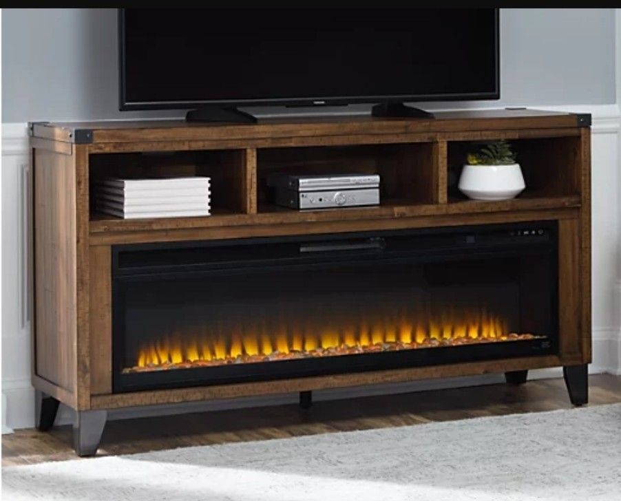 Tv Stand With Electric Fireplace 65"| Brand New | Best Price | Ashley Royard | Acacia | 3 Storage | 