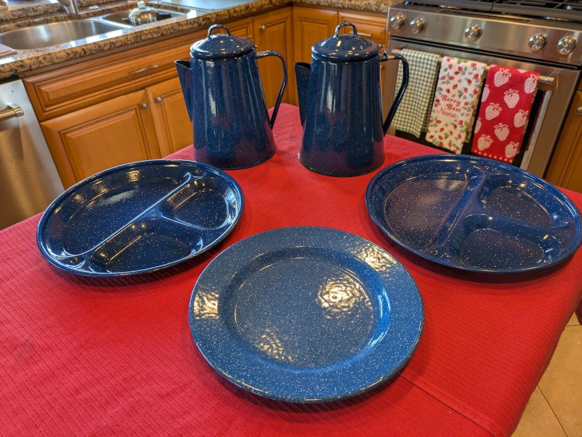 LOT Two Camping Coffee Pots & Three Dishes " All NEW"