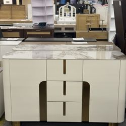 Modern White 59″W Sintered Stone Sideboard 3 Drawers Kitchen Buffet Table
