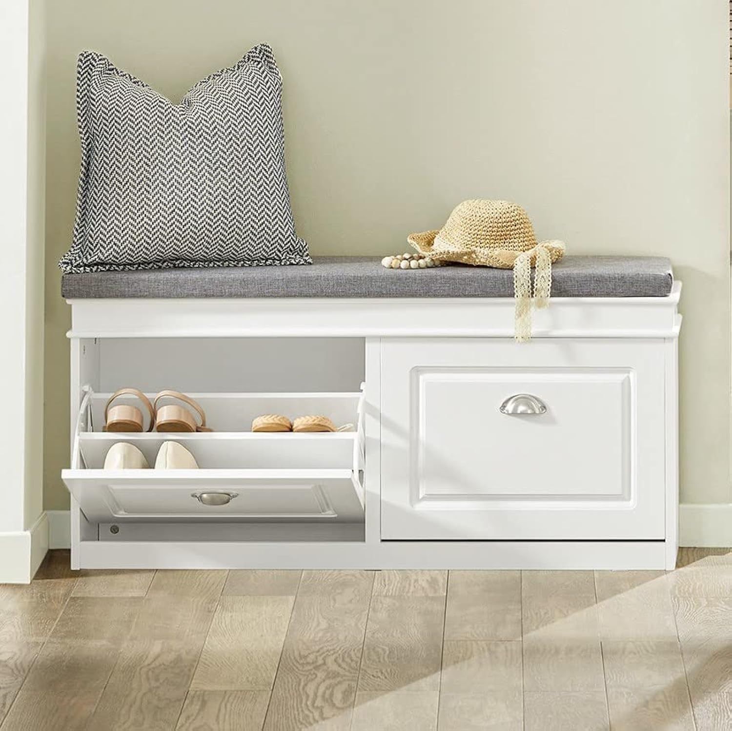 Shoe Storage Bench Entryway, Shoe Cabinet Bench with 2 Flip Drawers & Cushion, Modern Design Shoe Organizer for Hallway, White