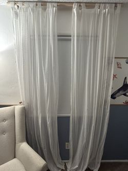 White Sheer Curtains + Blackout Shade + 8ft Wooden Rod + Tiebacks