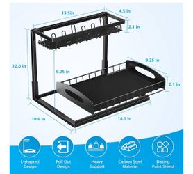 Under Sink Organizer, 2 Tier L-Shaped Bathroom Kitchen Organizers and Storage, Pull Out Sink Cabinet Drawer Shelf Pantry Organizer and Storage, Black