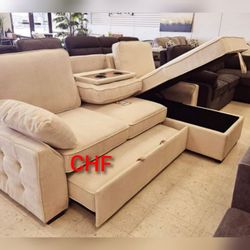 Beige Chenille REVERSIBLE Sleeper Sectional with Storage Chaise Drop-Down Table   Charging Ports
