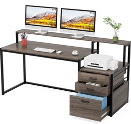 Large Office Desk with Drawers and Monitor Shelf