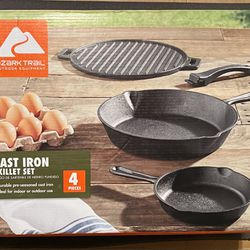 Ozark Trail 4-piece Cast Iron Skillet Set with Handles and Griddle, Pre-seasoned, 6", 10.5", 11"