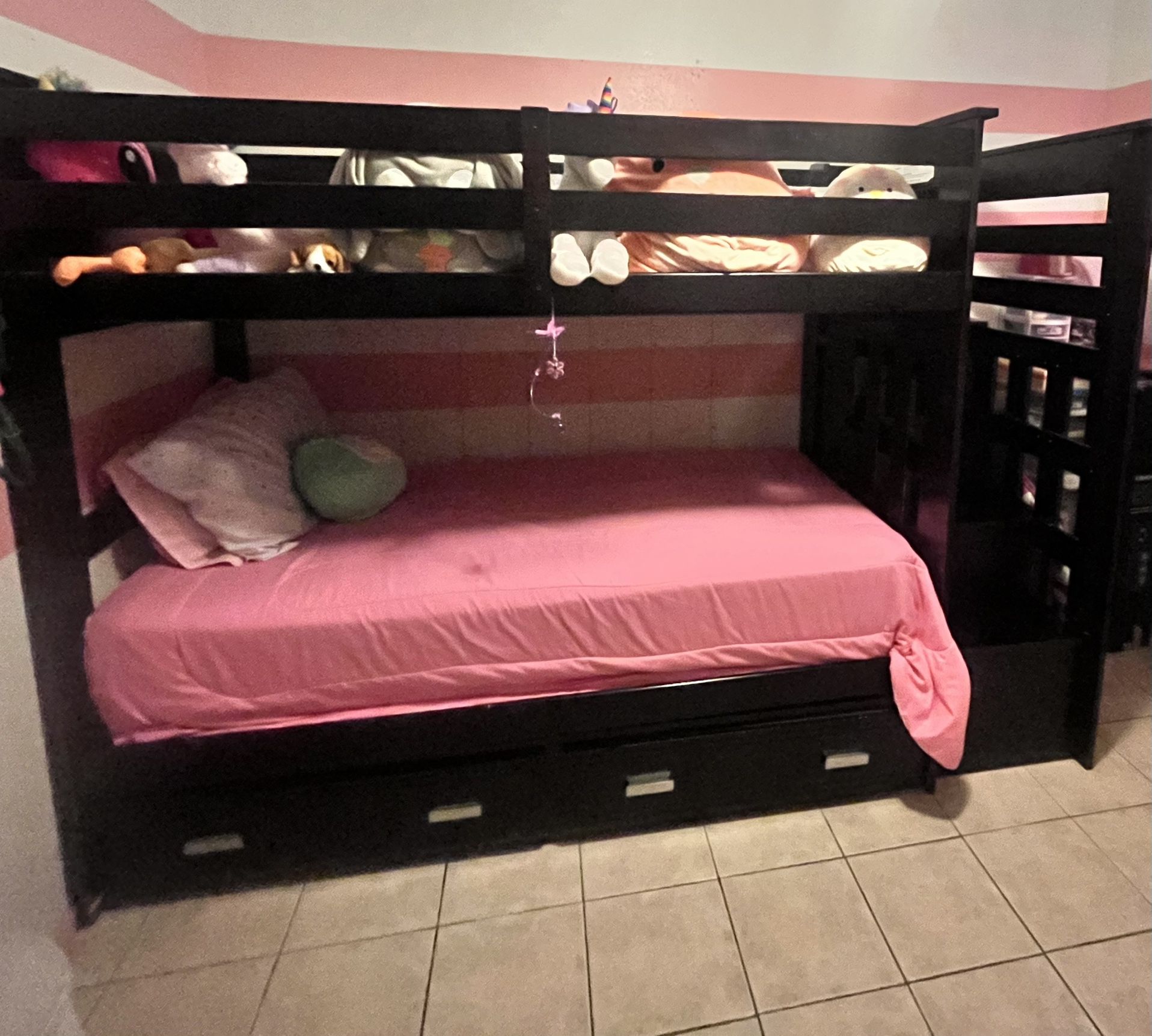 Cherry oak Twin Over Twin Bunk Bed W/Trundle