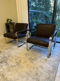 Two Restoration Hardware   Miles brown leather arm chairs, accent chairs, RH. Living room, bedroom. Modern. 