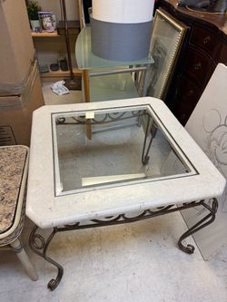 Stone Top Glass Insert Iron End Table