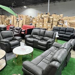 Grey Recliner Couch, Loveseat and Chair 3Pcs Set / Juego de sofá reclinable gris, Loveseat y silla d