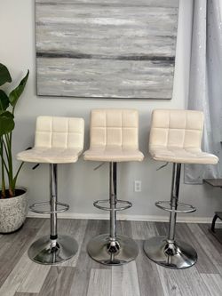 Set of 3 Adjustable Cream Bar Stools – Modern Chrome Base