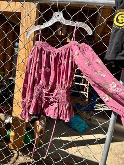 S, Pink Floral Off-Shoulder Long Sleeve Top