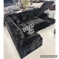 Black RIGHT HAND FACING Chaise Storage Corduroy Fabric Upholstered U-Shaped Sectional Sofa with Pull Out Bed and 6 Throw Pillows