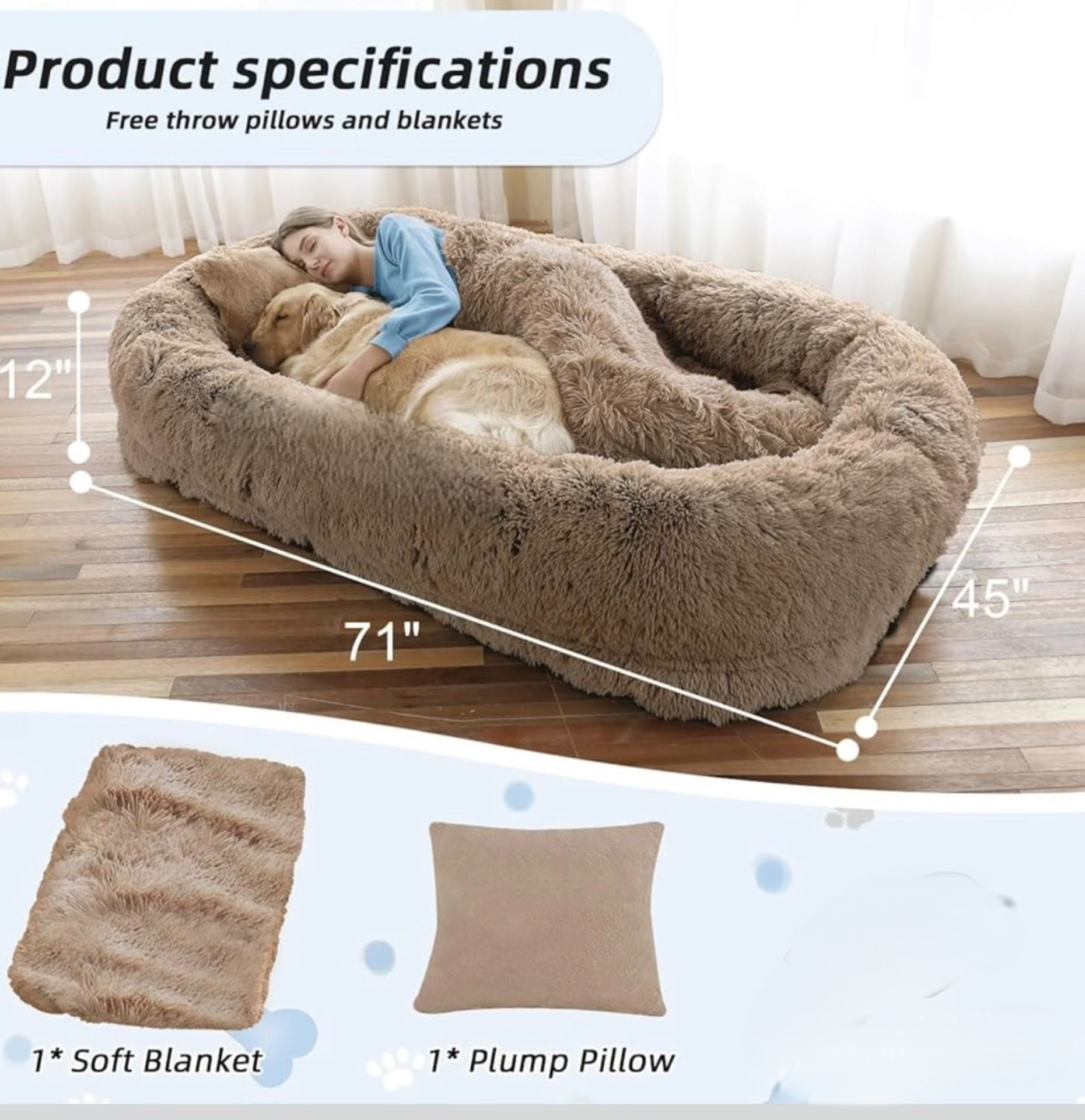 Human Dog Bed, Large Dog Beds for Humans Size Fits You and Pets, Washable Faux Fur Orthopedic Human Pet Bed for People Doze Off, Napping, Present Pill