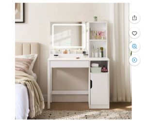 Mainstays Get Ready with Me GRWM Vanity Table with Lighted Mirror and Storage, White Finish