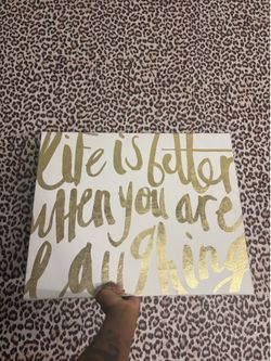 Gold & White Inspirational Canvas Wall Art - Life Is Better When You Are Laughing