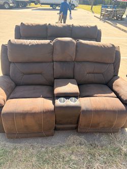 Brown Microfiber Reclining Loveseat and sofa with Console