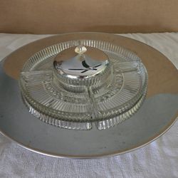 VINTAGE Chrome and Pressed Glass Lazy Susan Platter Server