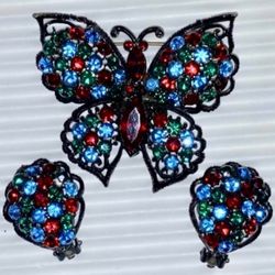 Vintage Weiss Multicolor Rhinestone Butterfly Brooch Pin & Earring Set