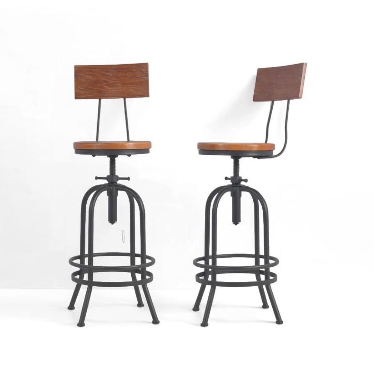 Set of 2-Industrial Bar Stools with Backrest