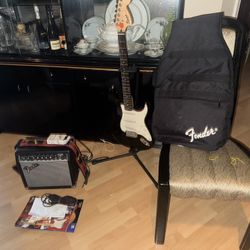 Squier Bullet Strat Guitar Bundle – Amp, Bag, Stand & Accessories – Great Starter Kit!