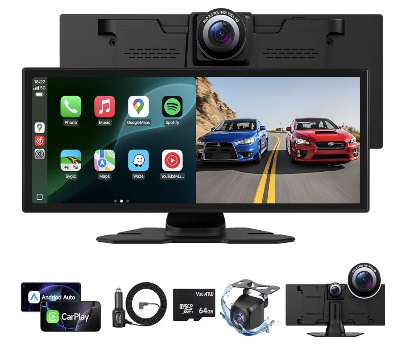 Improved wireless Carplay screen for car with 4K dashboard camera, 11.26 inch portable A-pple CarPlay and Android Auto Car stereo touch screen with ba