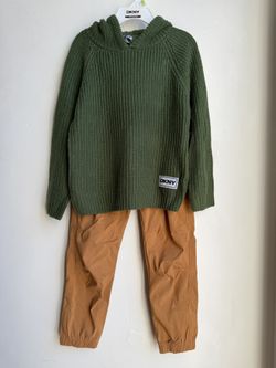 DKNY children's green knitted hoodie  Sweater and tan pants. Set Size 4T  New