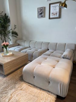 Luxury Modular Cloud-Style Sectional Sofa + Ottoman | 104” Beige Teddy Velvet
