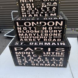 Decorative Brown Lidded Wood Storage Box- London, Paris , and New York Locations  	•	Top Box: New York (listing Tribeca, Union Square, Chelsea, Murray