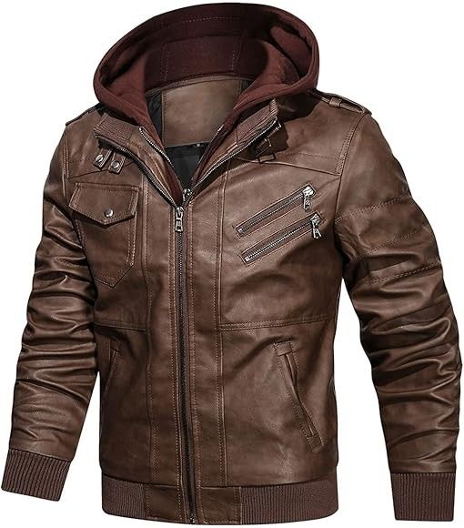 Men’s Faux Leather Zip-Up Motorcycle Bomber Jacket With Removable Hood