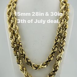 4th of July DEAL! 14K Gold 15mm 28in &30in diamond cut rope chain