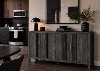 55" Sideboard Buffet Cabinet, Farmhouse Storage Buffet Cabinet With 4 Fence Doors & Gold Handle M-9, gray