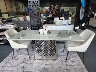 DINING TABLE FAUX MARBLE TOP CHROME BASE73”