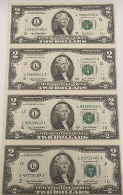 UNCUT SHEET OF FOUR UNCIRCULATED $2.00 BILLS