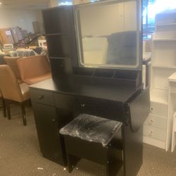 Vanity Desk Set with Mirror and LED Lights, Makeup Table with 2 Drawers & 1 Cabinet, Power Outlet, Storage Cushioned Stool, Dressing Table for Bedroom