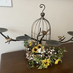 Springtime Centerpiece Floral Arrangement Candle Holder Bird Cage Metal Decor 