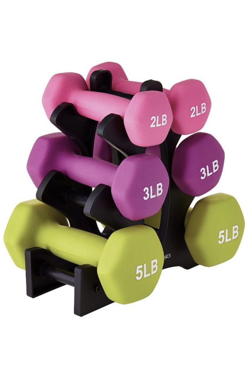 Dumbbell weights 6 weights plus stand 5 pound pair 3 pound pair 2 pound pair Hex Neoprene Dumbbell Set of 3 Different Sizes. 20lbs Total 2 x 5lb