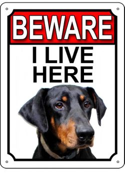 Doberman Pinscher Dog Breed Gate Signs Beware I Live Here 8 X 12 inchse Metal Signs Garden Yard Fence